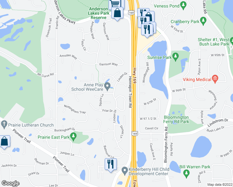 map of restaurants, bars, coffee shops, grocery stores, and more near 9627 Hampshire Lane in Eden Prairie