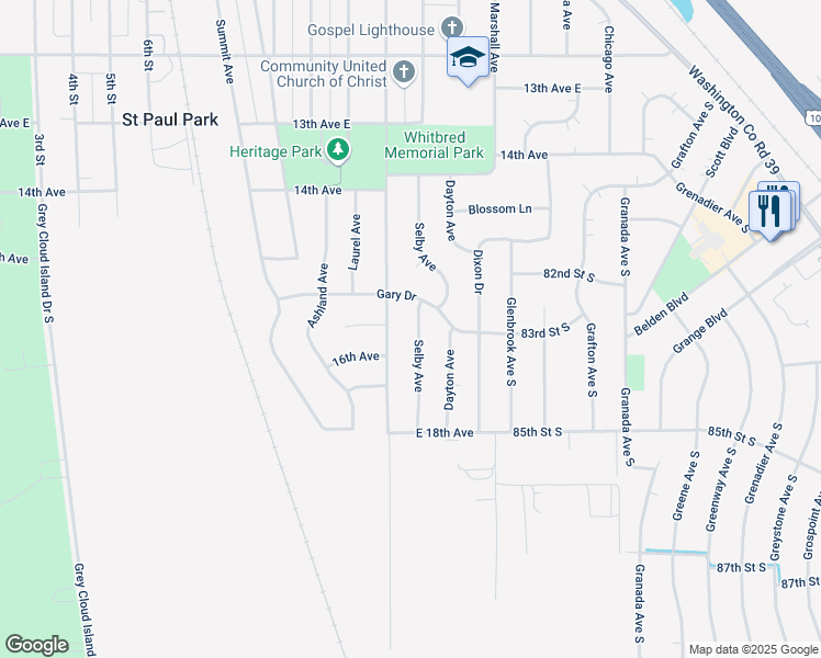 map of restaurants, bars, coffee shops, grocery stores, and more near 1637 Selby Avenue in Saint Paul Park