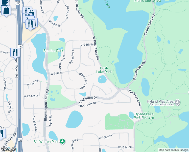 map of restaurants, bars, coffee shops, grocery stores, and more near 9635 Wyoming Circle South in Minneapolis