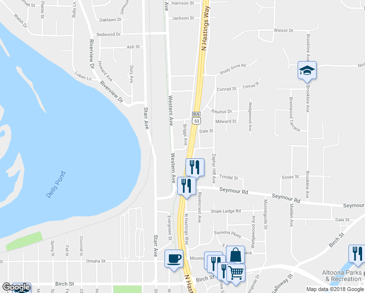 map of restaurants, bars, coffee shops, grocery stores, and more near 2418 Peebles Street in Eau Claire