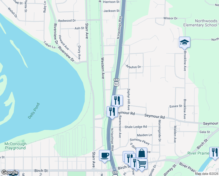 map of restaurants, bars, coffee shops, grocery stores, and more near 2418 Peebles Street in Eau Claire
