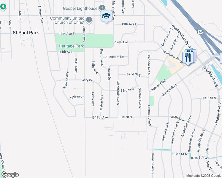 map of restaurants, bars, coffee shops, grocery stores, and more near 1572 Dixon Drive in Saint Paul Park