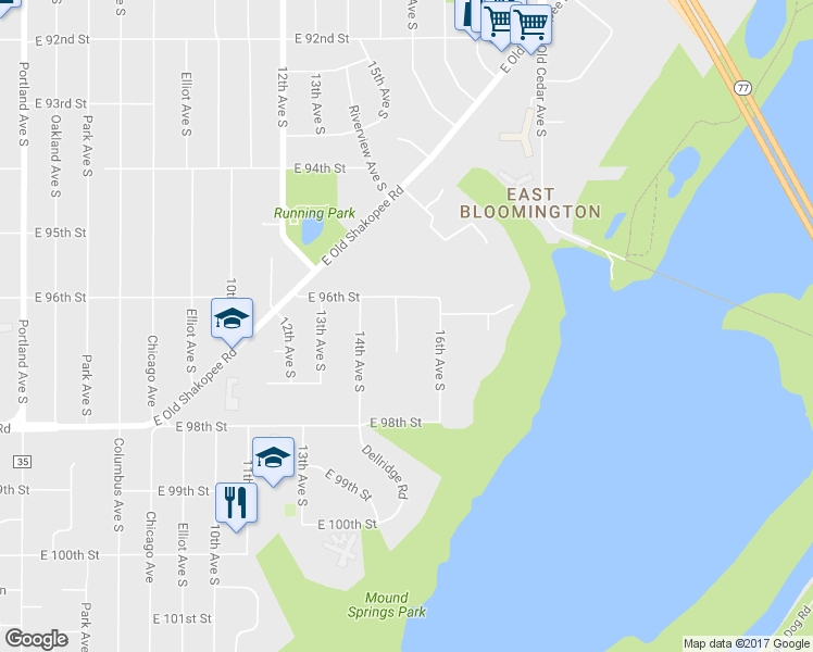 map of restaurants, bars, coffee shops, grocery stores, and more near 9617 15th Avenue South in Bloomington
