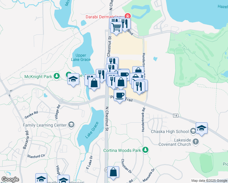 map of restaurants, bars, coffee shops, grocery stores, and more near 104 Pioneer Trail in Chaska