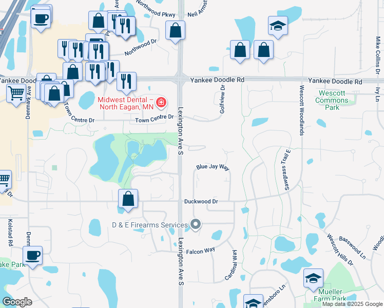 map of restaurants, bars, coffee shops, grocery stores, and more near 3575 Blue Jay Way in Eagan