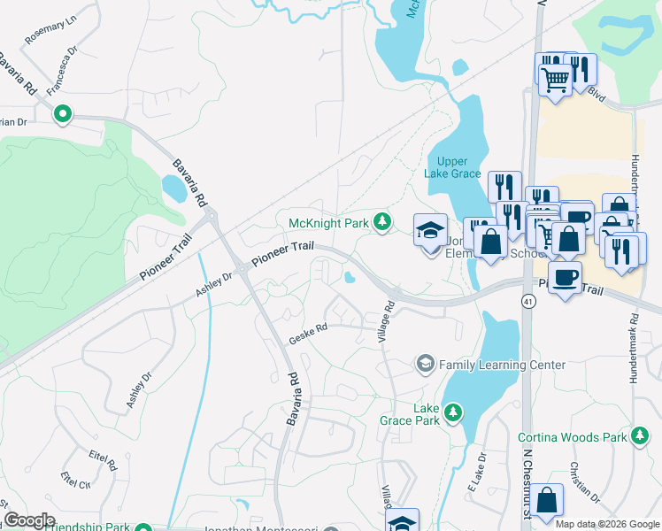map of restaurants, bars, coffee shops, grocery stores, and more near 1558 Millpond Court in Chaska
