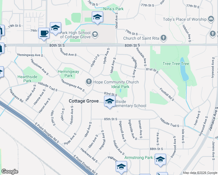 map of restaurants, bars, coffee shops, grocery stores, and more near 8196 83rd Street South in Cottage Grove