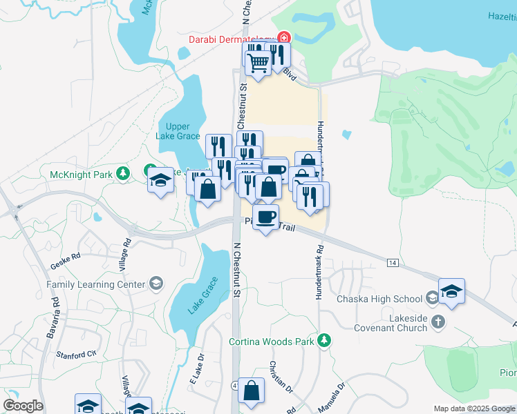 map of restaurants, bars, coffee shops, grocery stores, and more near 104 Pioneer Trail in Chaska