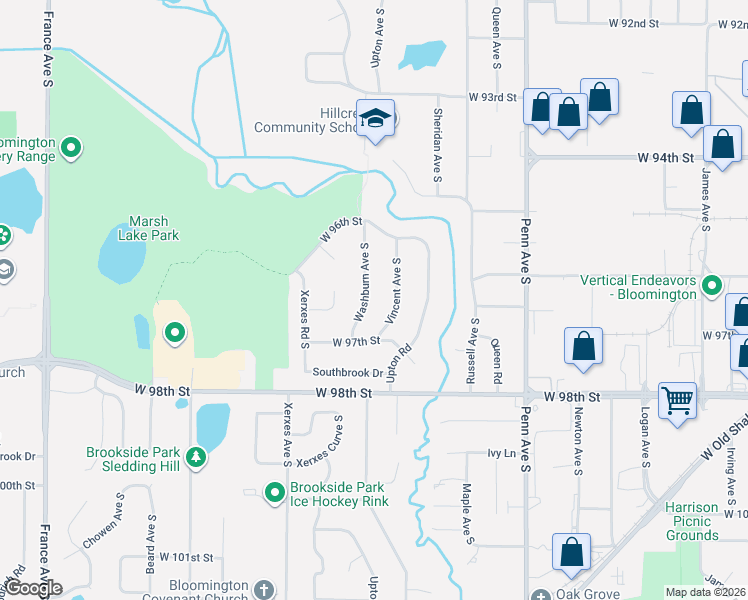 map of restaurants, bars, coffee shops, grocery stores, and more near 9656 Vincent Avenue South in Minneapolis