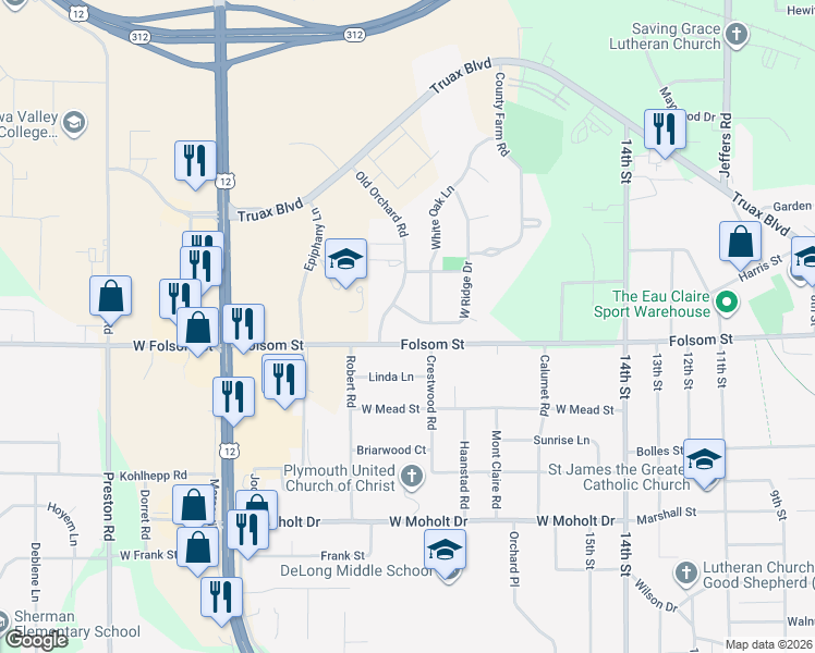 map of restaurants, bars, coffee shops, grocery stores, and more near 2019 West Ridge Drive in Eau Claire