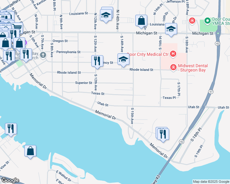 map of restaurants, bars, coffee shops, grocery stores, and more near 1316 Texas Street in Sturgeon Bay