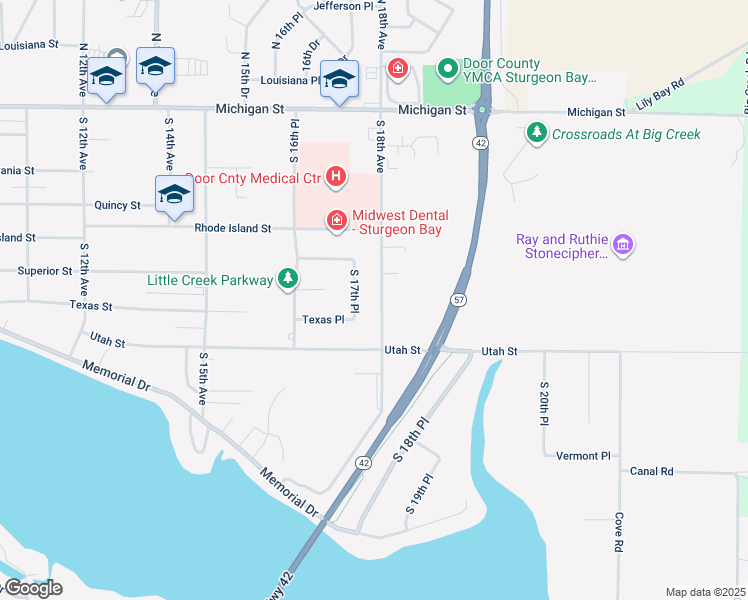 map of restaurants, bars, coffee shops, grocery stores, and more near 727 South 17th Place in Sturgeon Bay