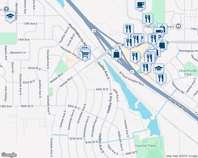 map of restaurants, bars, coffee shops, grocery stores, and more near 8200 Hadley Avenue South in Cottage Grove