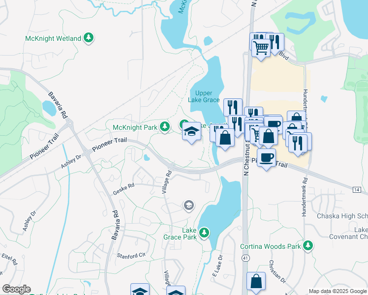 map of restaurants, bars, coffee shops, grocery stores, and more near 110300 Pioneer Trail in Chaska