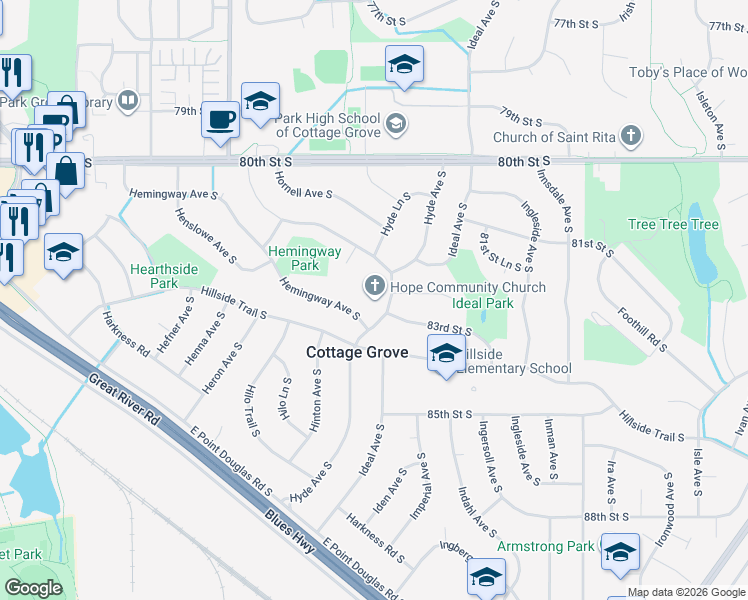 map of restaurants, bars, coffee shops, grocery stores, and more near 8300 Hyde Avenue South in Cottage Grove