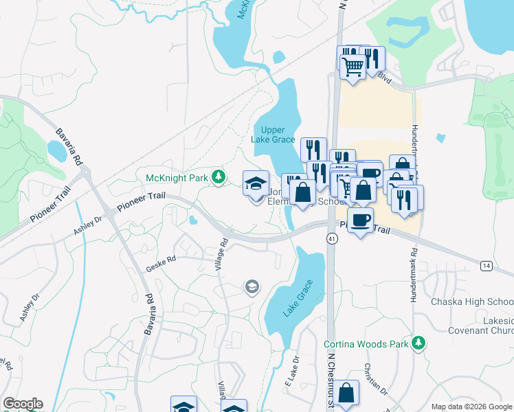 map of restaurants, bars, coffee shops, grocery stores, and more near 110300 Pioneer Trail in Chaska