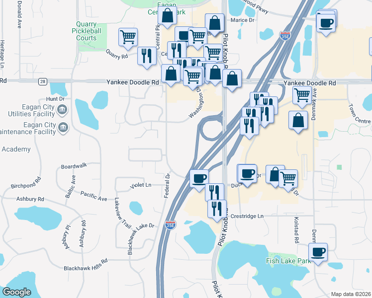 map of restaurants, bars, coffee shops, grocery stores, and more near 3500 Federal Drive in Eagan