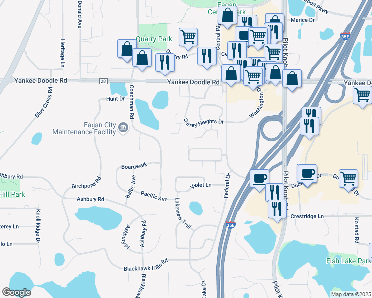 map of restaurants, bars, coffee shops, grocery stores, and more near 3513 Royal Oak Circle in Eagan
