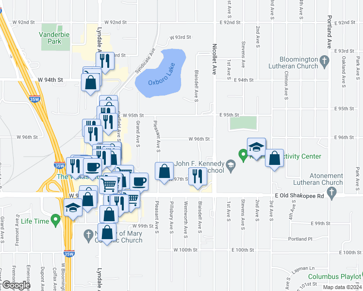 map of restaurants, bars, coffee shops, grocery stores, and more near 9725 Pleasant Avenue South in Bloomington