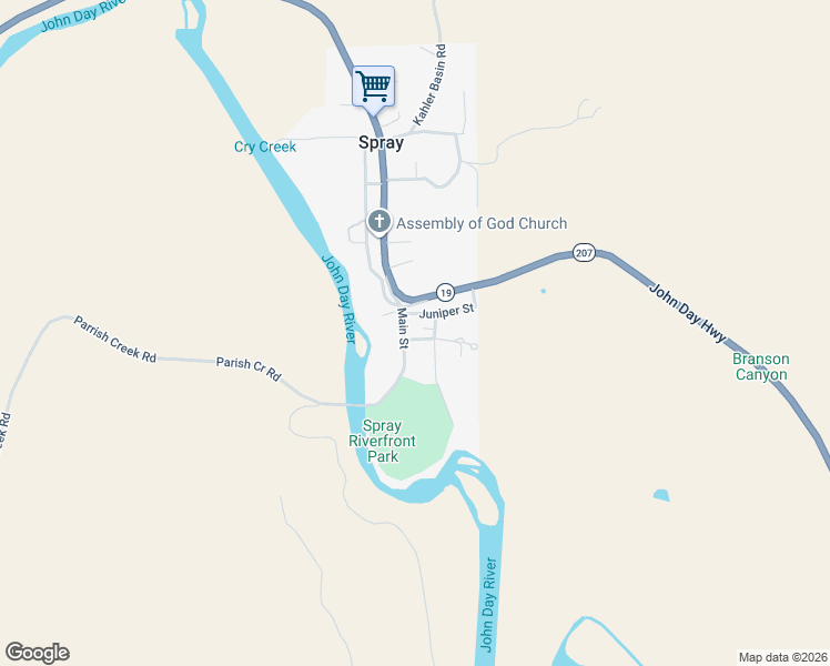 map of restaurants, bars, coffee shops, grocery stores, and more near 107 Main Street in Spray