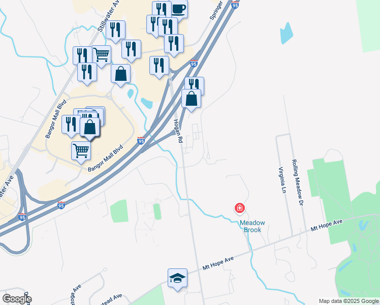 map of restaurants, bars, coffee shops, grocery stores, and more near 24 Haskell Road in Bangor