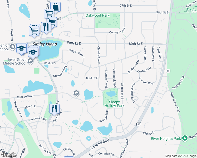map of restaurants, bars, coffee shops, grocery stores, and more near 8335 Cleadis Avenue East in Inver Grove Heights