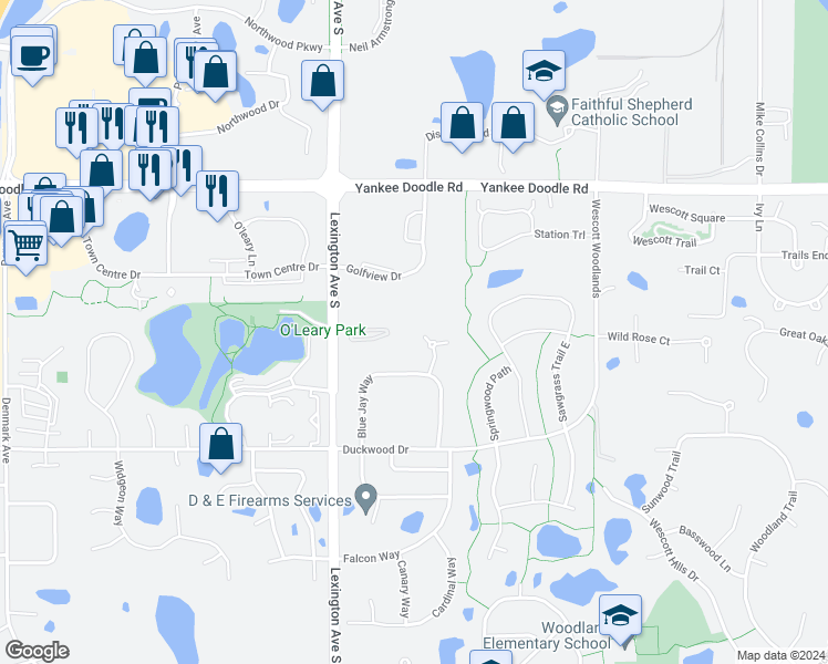 map of restaurants, bars, coffee shops, grocery stores, and more near 3569 Blue Jay Way in Eagan