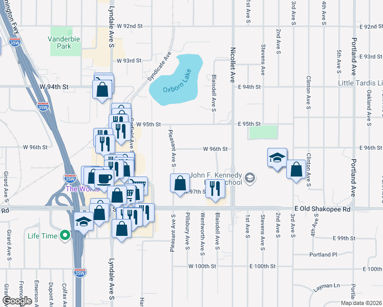 map of restaurants, bars, coffee shops, grocery stores, and more near 255 West 96th Street in Bloomington
