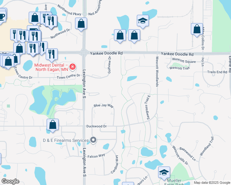 map of restaurants, bars, coffee shops, grocery stores, and more near 3563 Blue Jay Way in Saint Paul