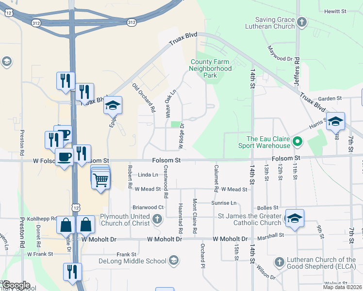 map of restaurants, bars, coffee shops, grocery stores, and more near 1831 West Ridge Court in Eau Claire