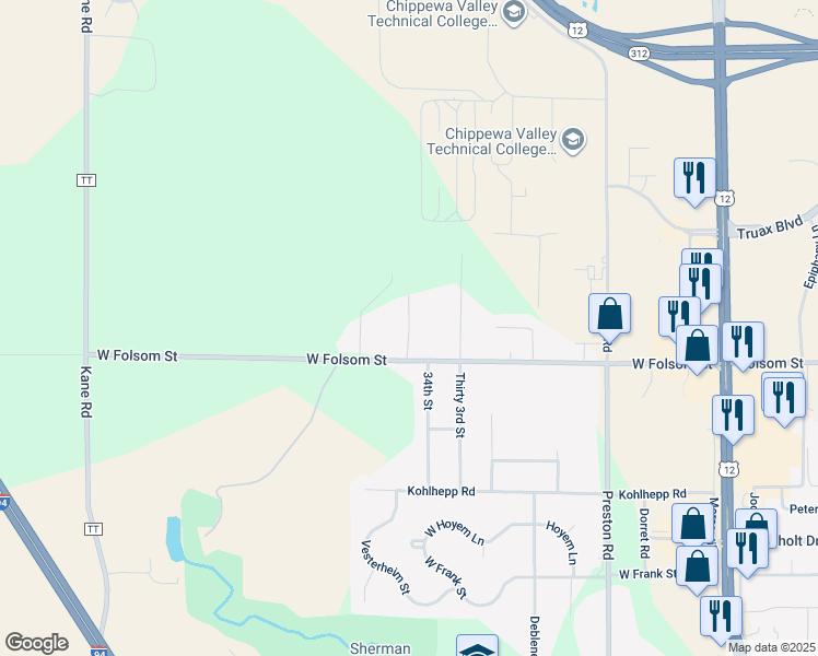 map of restaurants, bars, coffee shops, grocery stores, and more near 3536 West Folsom Street in Eau Claire