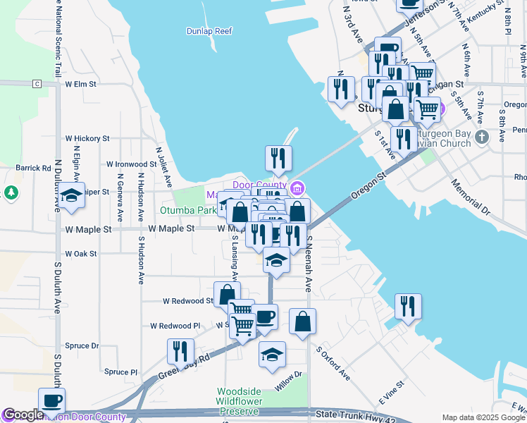 map of restaurants, bars, coffee shops, grocery stores, and more near 49 North Madison Avenue in Sturgeon Bay
