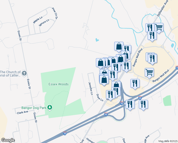 map of restaurants, bars, coffee shops, grocery stores, and more near 16 Jennifer Lane in Bangor