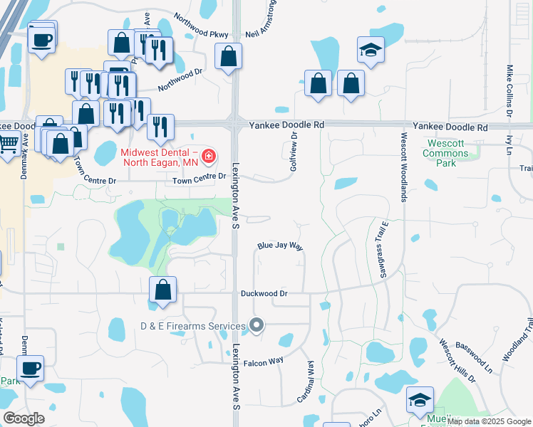 map of restaurants, bars, coffee shops, grocery stores, and more near 3575 Blue Jay Way in Eagan