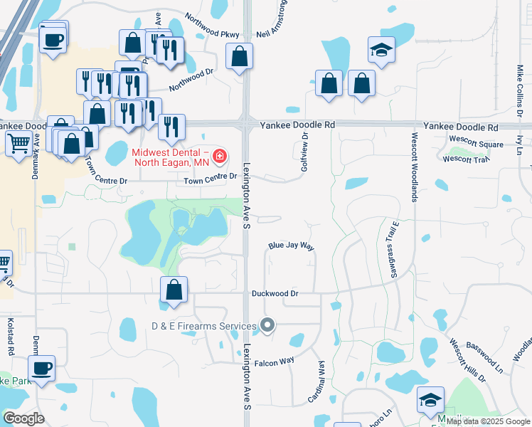 map of restaurants, bars, coffee shops, grocery stores, and more near 3575 Blue Jay Way in Eagan
