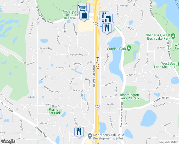 map of restaurants, bars, coffee shops, grocery stores, and more near 9645 Hampshire Lane in Eden Prairie