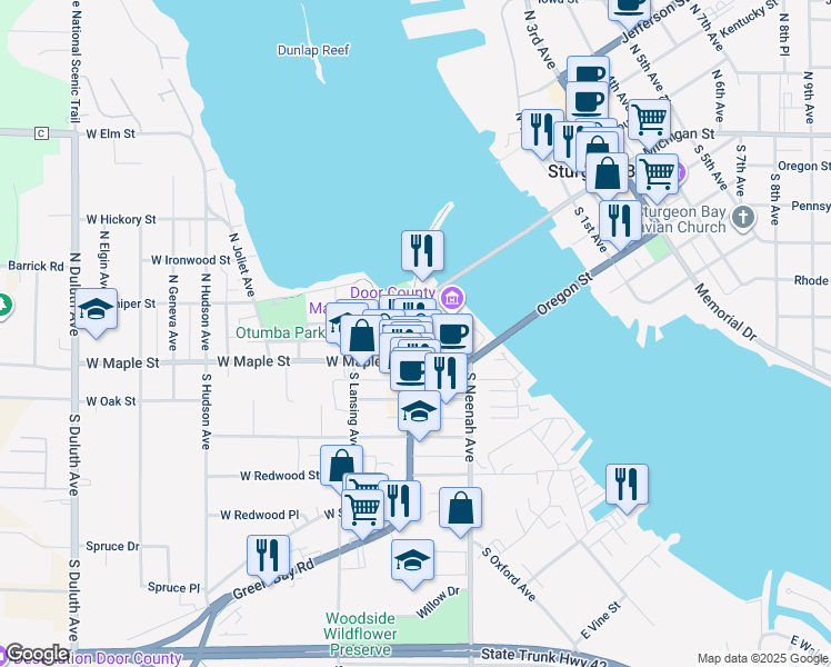 map of restaurants, bars, coffee shops, grocery stores, and more near 56 North Madison Avenue in Sturgeon Bay