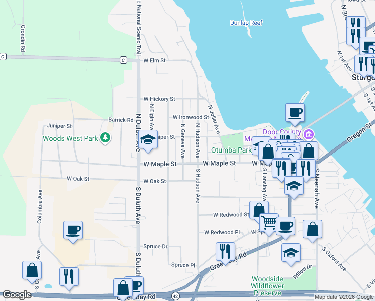 map of restaurants, bars, coffee shops, grocery stores, and more near 519 West Maple Street in Sturgeon Bay
