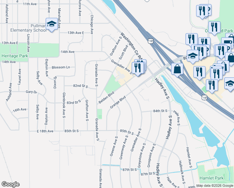 map of restaurants, bars, coffee shops, grocery stores, and more near 8199 Belden Boulevard in Cottage Grove