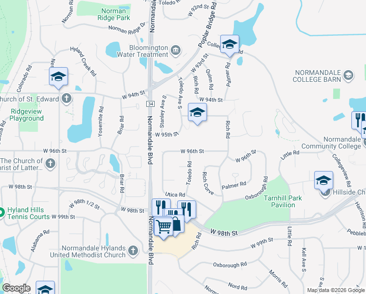 map of restaurants, bars, coffee shops, grocery stores, and more near 5243 West 95th Street in Minneapolis