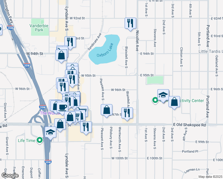 map of restaurants, bars, coffee shops, grocery stores, and more near 207 West 95th Street in Minneapolis