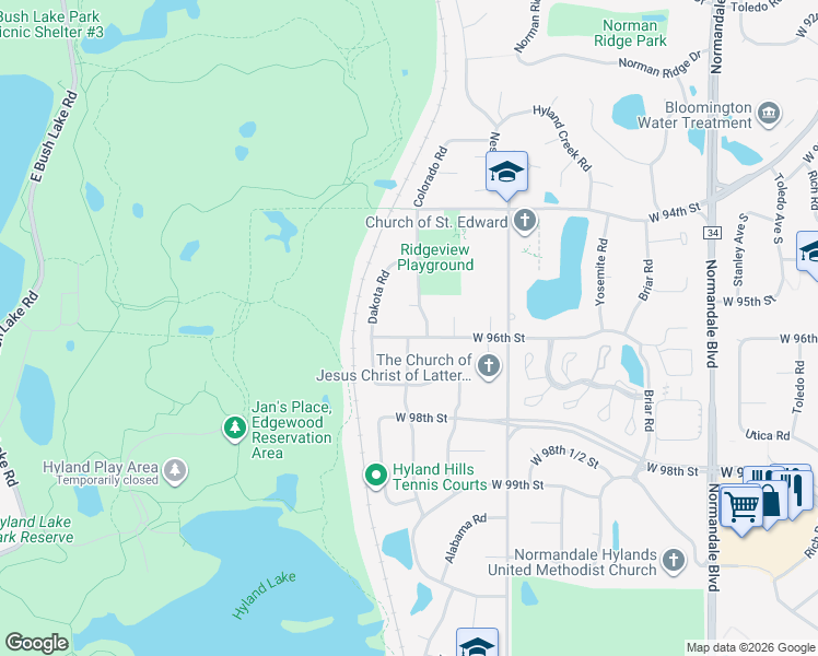 map of restaurants, bars, coffee shops, grocery stores, and more near 9517 Dakota Road in Minneapolis