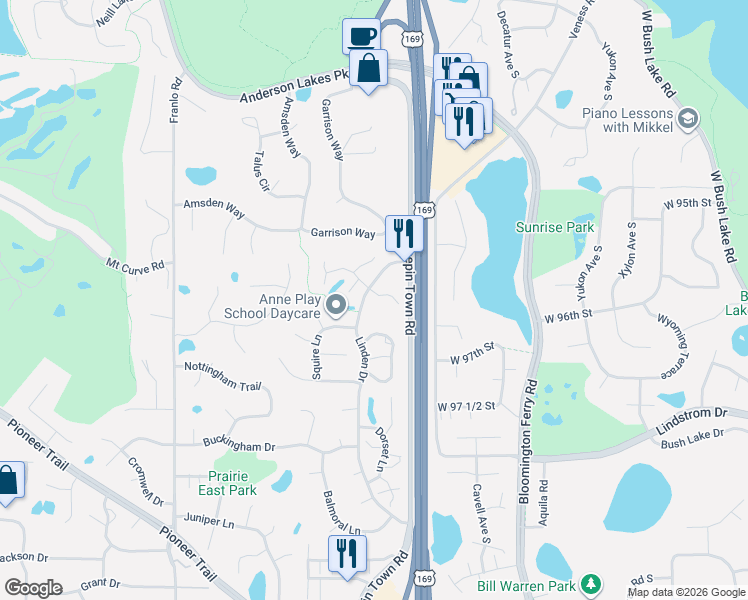 map of restaurants, bars, coffee shops, grocery stores, and more near 9508 Brighton Lane in Eden Prairie
