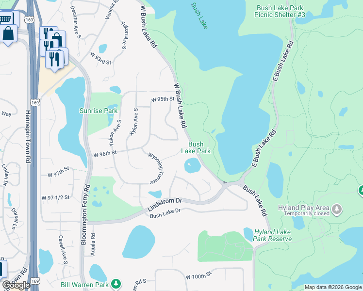 map of restaurants, bars, coffee shops, grocery stores, and more near 9565 Virginia Avenue South in Minneapolis