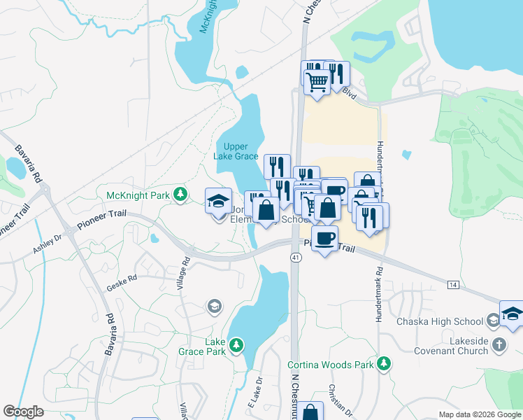 map of restaurants, bars, coffee shops, grocery stores, and more near 2980 North Chestnut Street in Chaska