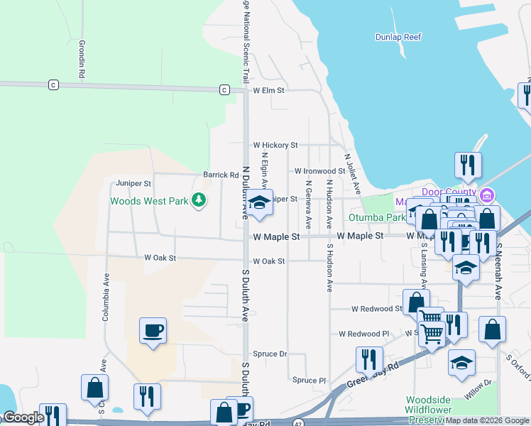 map of restaurants, bars, coffee shops, grocery stores, and more near 811 West Juniper Street in Sturgeon Bay