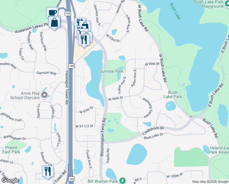 map of restaurants, bars, coffee shops, grocery stores, and more near 9548 Yukon Circle in Bloomington