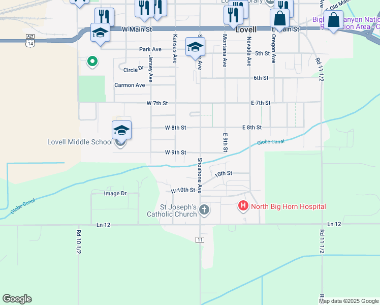 map of restaurants, bars, coffee shops, grocery stores, and more near 55 W 9th St in Lovell