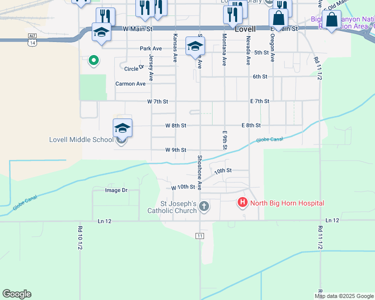 map of restaurants, bars, coffee shops, grocery stores, and more near 55 W 9th St in Lovell