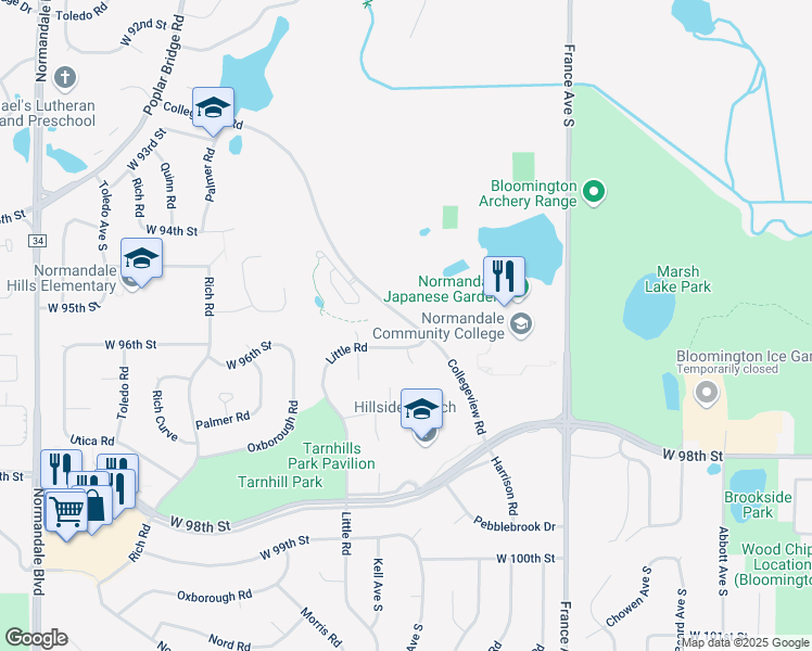 map of restaurants, bars, coffee shops, grocery stores, and more near 9501 Collegeview Road in Bloomington